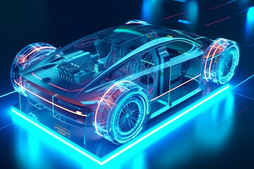 Generative AI of a sports car in neon light on a dark background