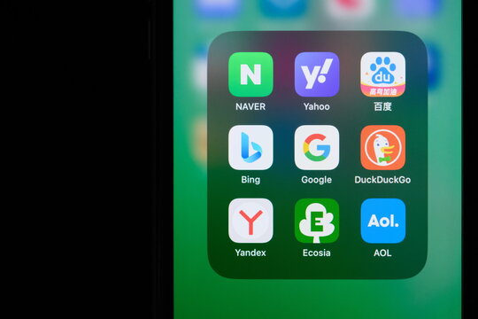 Shanghai,China-June 13st 2023: Google Search, Bing, NAVER, Yahoo, Baidu, DuckDuckGo, Yandex, Ecosia, AOL app icon on screen. Assorted search engine and company brands