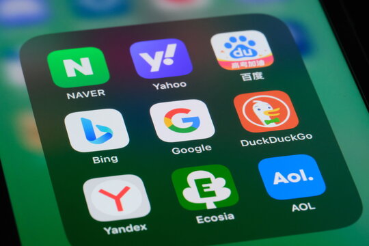 Shanghai,China-June 13st 2023: Google Search, Bing, NAVER, Yahoo, Baidu, DuckDuckGo, Yandex, Ecosia, AOL app icon on screen. Assorted search engine and company logo