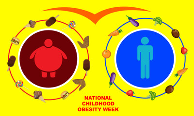 icons for small children with normal body weight and fat in red circles and blue circles surrounded by fast food and healthy food. commemorate National Childhood Obesity Week
