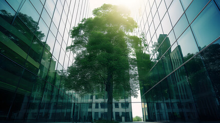 Fototapeta na wymiar Big tree between modern office building in the city