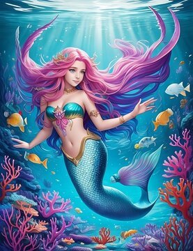 AI generated image of a beautiful mermaid in the water