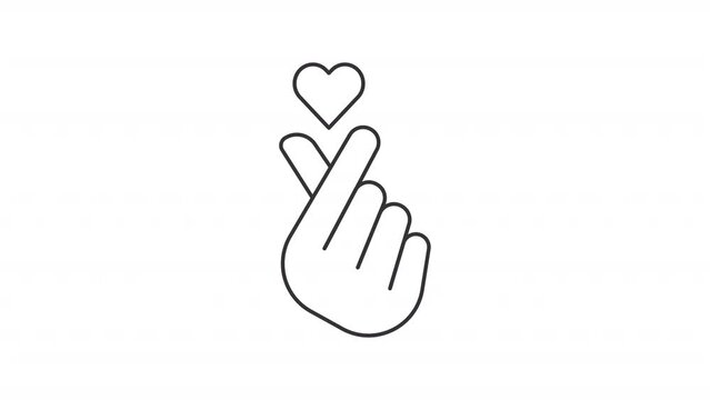 Animated finger heart line icon. Love symbol animation. Hand gesture. South Korea. Popular culture. K pop. Loop HD video with alpha channel, transparent background. Outline motion graphic