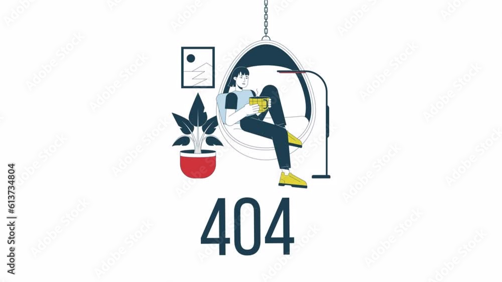 Poster cozy lifestyle 404 error animation. girl with mug drinking tea. empty state 4k video concept footage