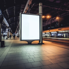Empty white blank billboard digital sign poster mockup on urban street at night for advertising, marketing