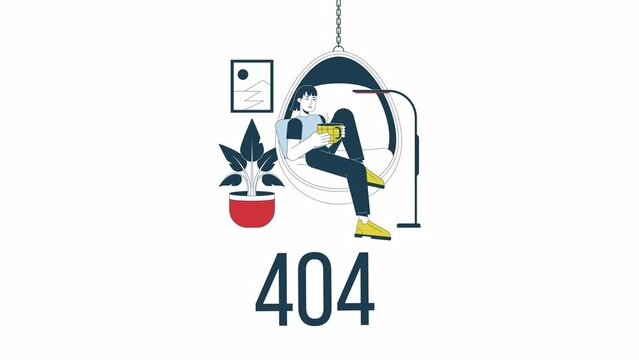 Cozy lifestyle 404 error animation. Girl with mug drinking tea. Empty state 4K video concept footage with alpha channel transparency. Outline colour page not found flash message for UI, UX web design