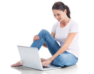 Laptop, typing and woman reading on internet, website or web search for colege, university or project on transparent, isolated or png background. Student, girl and computer for research or learning