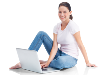 Laptop, portrait and woman typing on internet, website or web search for ecommerce or e commerce on transparent, isolated or png background. Online shopping, girl and customer on computer for retail