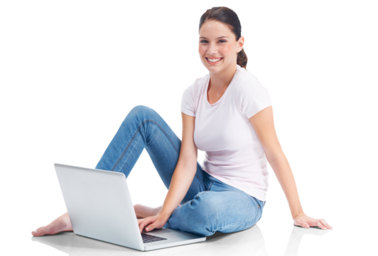 Laptop, portrait and woman typing on internet, website or web search for ecommerce or e commerce on transparent, isolated or png background. Online shopping, girl and customer on computer for retail