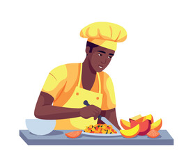 Cheerful man working, preparing fruit salad