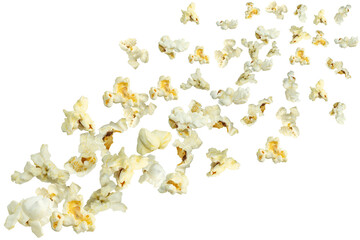 Scattering to the sides popcorn is isolated on a transparent background.