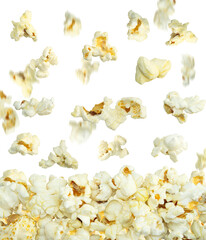 Falling popcorn isolated on transparent background.