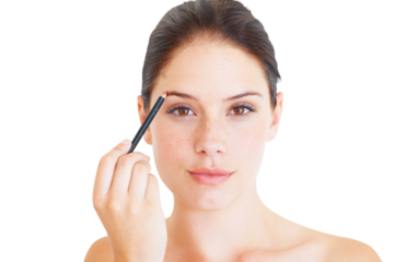 Face, makeup and woman with pencil for eyebrow isolated on a transparent png background. Portrait, microblading cosmetics and young female model with beauty product, brow liner and facial aesthetic.