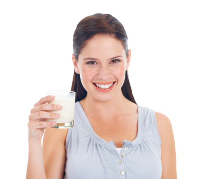 Woman in portrait, milk in glass and health for nutrition and vitamin d isolated on transparent png background. Wellness, digestion and calcium, female person smile with milkshake and dairy drink