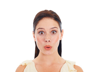 Portrait, beauty and wow with a shocked woman isolated on a transparent background for fashion or...