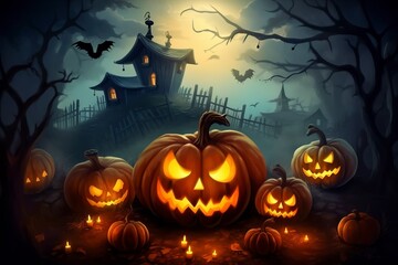 Halloween background with scary pumpkins candles in the graveyard at night with a castle background