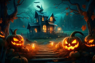 Halloween background with scary pumpkins candles in the graveyard at night with a castle background - obrazy, fototapety, plakaty