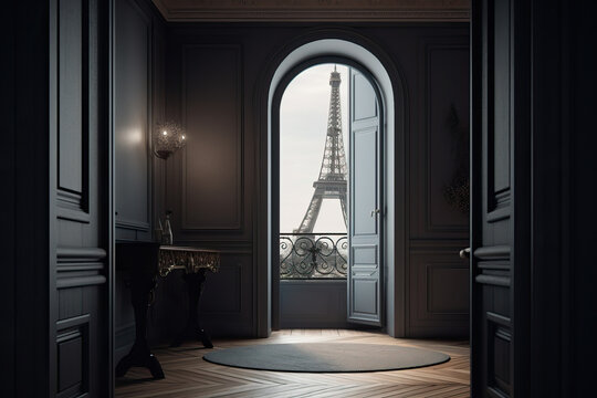 Stunning view of eiffel tower through big balcony door- Generative AI