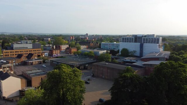 High Angle Footage of Historical Bedford City of England During Sunny Day of 28-May-2023. The Footage Captured with Drone's Camera from Medium High Altitude over the City and River Ouse and Station.