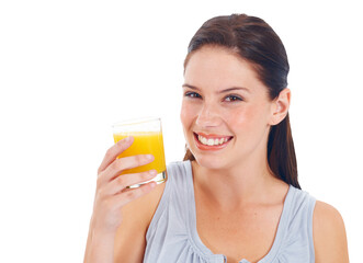 Happy woman, orange juice in glass and health, nutrition with wellness and fruit drink isolated on png transparent background. Female person with healthy beverage, diet with hydration and vitamin c