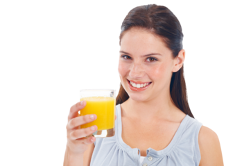 Portrait, smile and woman with orange juice, health and model isolated on a transparent background. Face, female person or girl with hydration liquid, natural detox or wellness with png and nutrition
