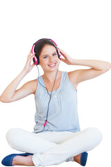 Headphones, listening to music and a woman with a smile for audio, radio or sound. Portrait of...
