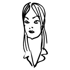 Portrait of a pretty woman. Hand drawn linear doodle rough sketch. Black silhouette on white background.