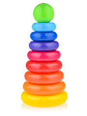 A colored pyramid for a child, isolated on a white background. Educational bright toys for toddlers and babies. The development of motor skills and the study of colors