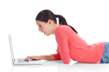Floor, surprise and woman with a laptop, internet connection or lady isolated on a transparent background. Female person, girl on the ground and model shocked, pc and technology with wow, omg and png