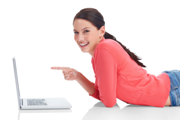 Laptop, portrait and pointing with a woman student lying on the floor isolated on a transparent background. Computer, internet and education with a happy young female university pupil studying on PNG