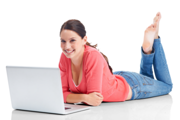 Laptop, portrait and university with a woman student lying on the floor isolated on a transparent background. Computer, internet and education with a happy young female college pupil studying on PNG