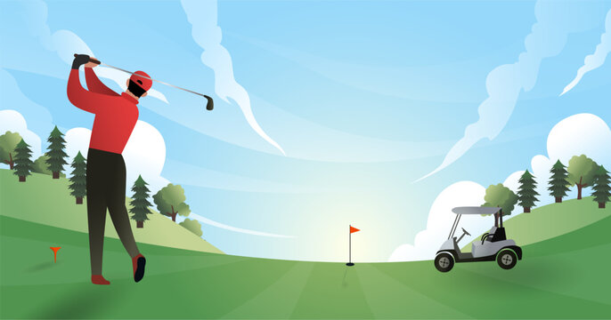 Golf sport vector illustration website concept, golf field website banner background, a man playing golf in the golf course with beautiful view, summer sunset view background header
