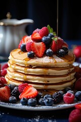 Pancakes with berries and maple syrup made with Generative AI.