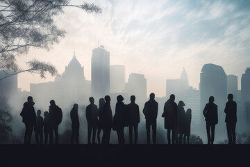 Fototapeta premium Silhouette of business people at office.Many business people conference group meeting on city office building in background showing partnership success of business deal. Generation AI