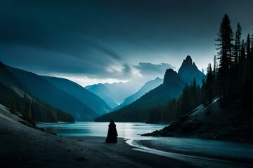 A lonely figure dressed in black standing in front of a lake with huge mountains in the background.