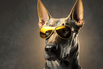 Happy dog with sunglasses. Portrait of smiling dog wearing sunglasses. Happy pet concept. Generative AI