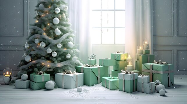 Surprises aplenty this Christmas: Big Green Boxes, Decorated Tree, 3D-Illustration: Generative AI