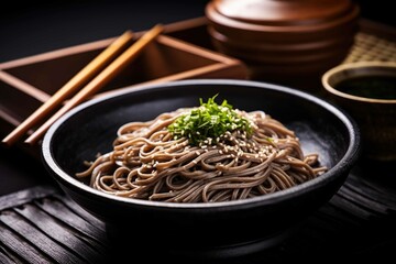 Zaru soba buckwheat noodles with dipping sauce. Generative AI. - obrazy, fototapety, plakaty