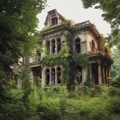 Obraz premium An old, abandoned Victorian mansion with broken windows and overgrown vegetation, standing as a testament to a forgotten era. Generative AI
