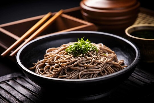 Zaru soba buckwheat noodles with dipping sauce. Generative AI.
