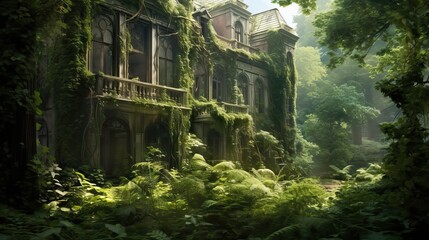 Fototapeta na wymiar An old, abandoned Victorian mansion with broken windows and overgrown vegetation, standing as a testament to a forgotten era. Generative AI