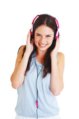 Portrait, smile and woman with headphones, streaming audio and girl isolated on a transparent background. Face, female person or model with a headset, listening to a podcast or png with radio or song