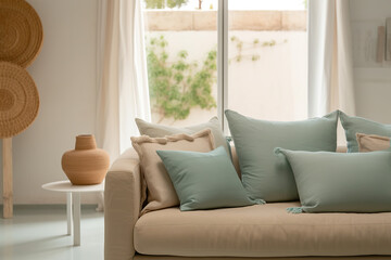 Mediterranean interior design composition with pillows - Minimalistic concept. Generative AI