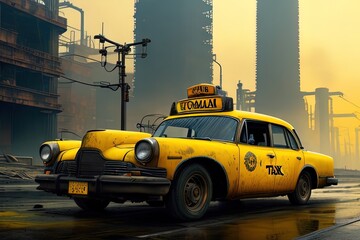 Yellow rusty old taxi desktop wallpaper in the smoke high resulation UHD 4k