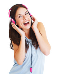 Headphones, music and excited or happy woman streaming audio or mental health podcast. Smile, laughing and young person listening, funny comedy and electronics isolated on transparent, png background
