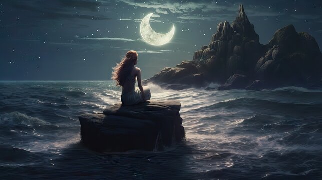 A mermaid sitting on a rock in the middle of the ocean, gazing at the moon. The image captures the serenity and mystery of the mythical undersea world. Generative AI