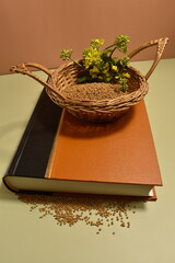 Mustard seeds and mustard flowers in the basket, bible,  close view