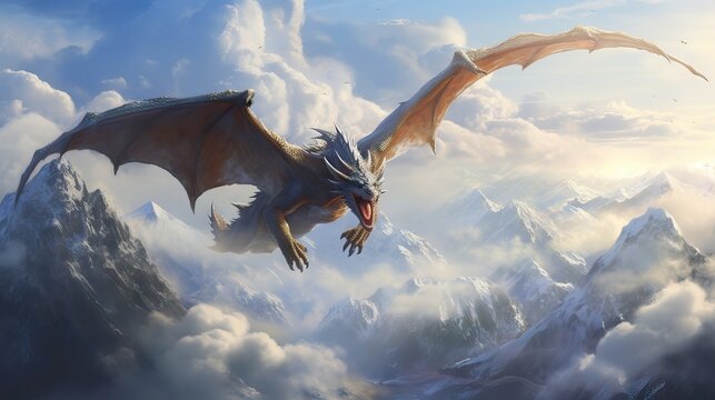 A majestic dragon soaring above cloud-covered mountains. The dragon, a symbol of might and magic, complements the ethereal beauty of the landscape. Generative AI.