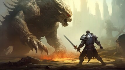 Obraz premium A knight in shining armor facing off against a terrifying beast on a battlefield. The scene suggests an epic battle from a fantasy realm. Generative AI.