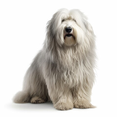 Bearded collie , (Old english sheepdog), in front of a white background, ai generative